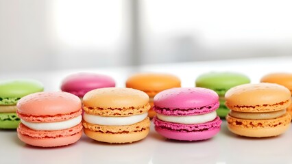 A colorful assortment of macarons in various flavors and colors lined up on a surface. Concept Macaron Variety, Colorful Desserts, Flavorful Treats, Gourmet Pastries, Sweet Presentation