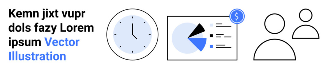 Clock, analytics chart with pie graph and dollar sign, and user icons. Ideal for time management, teamwork, data analysis, finance, productivity, digital tools and simple landing page