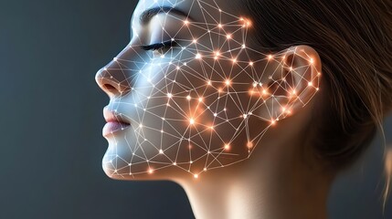 A beautiful woman profile overlaid with a network pattern of light