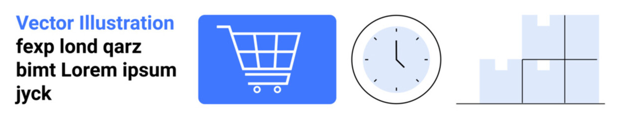 Blue shopping cart, clock, and stacked boxes symbolize online shopping, delivery time, inventory. Ideal for e-commerce, logistics, supply chain, time management retail warehouse organization