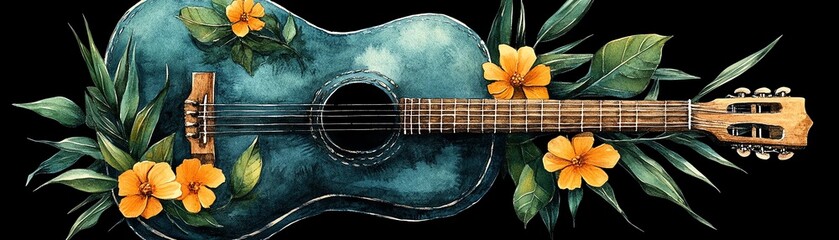 Watercolor Acoustic Guitar with Flowers
