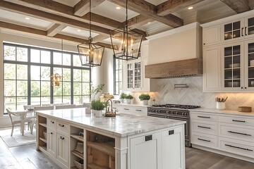 Modern kitchen interior with contemporary furniture and appliances in a luxurious home setting