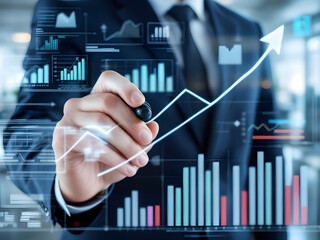 Businessmen point at a rising graph on a digital screen, symbolizing financial growth and data analysis.