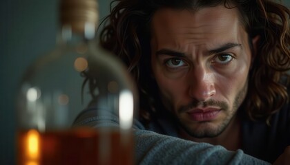 A contemplative young man gazes intently at a bottle, reflecting on life and choices, alcoholism addiction drinking concept.