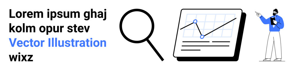 Magnifying glass, data chart with upward trend, person presenting insights. Ideal for analytics, business growth, strategy, research, presentations, education simple landing page