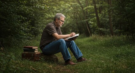 Fototapeta premium Thoughtful Man Writing in Notebook Amidst Serene Forest, Ideal for Inspiration and Reflection Themes