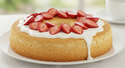 Serving Delicious Cake with Cream and Strawberry Topping on White Plate