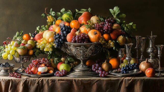 Abundant fruit still life elegant silver vessels.