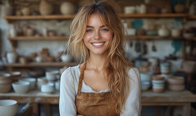 Smiling Female Ceramist in Her Modern Ceramic Workshop