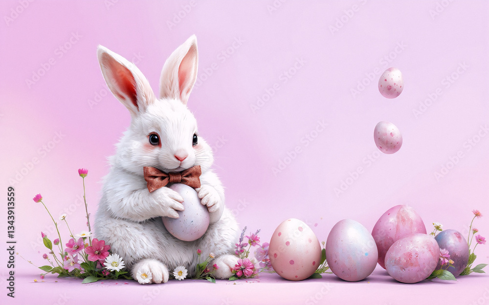 Poster fluffy white bunny with a bow tie holds a pastel egg amidst floral accents. several decorated easter