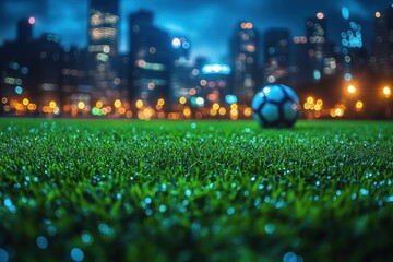 Soccer Ball on Lush Green Field at Night with Colorful Bokeh Lights
