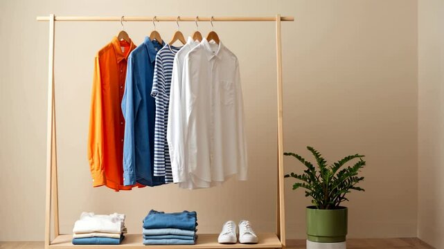  Minimalist clothing rack with organized men's shirts in white, blue,orange. Clean wardrobe organization with folded clothes and potted plant. Fashion retail, seasonal sales, home organization service