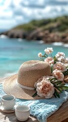A Straw Hat Decorated With Flowers on a Table Overlooking the Ocean
