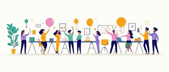 Fototapeta premium Birthday Office Party Team Event Cartoon Illustration Set Colleagues Celebrating Eating Pizza Fun Business Lunch Corporate Christmas New Year