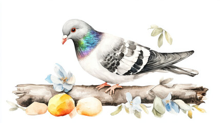 Watercolor illustration of a pigeon perched on a wooden branch with delicate flowers and ripe fruits. Hand painted realistic wildlife animal art on a white isolated background