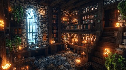 A cozy library or study interior featuring books and candles
