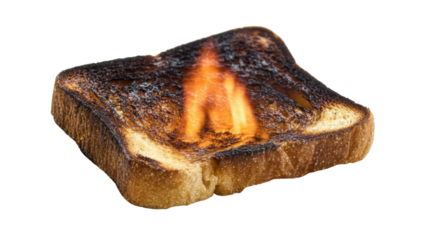 Burnt toast on fire with flames, a breakfast fail concept of cooking disaster and kitchen accident on a transparent background
