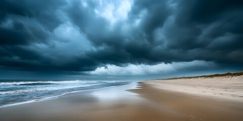 Fototapeta premium Dramatic Cloudy Sky Over Calm Beach at Dusk Before Imminent Storm