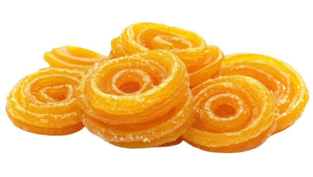 Delicious Imarti Indian Sweet stacked on a transparent background, a popular Diwali dessert with a spiral shape and vibrant orange color Concept of celebration and culture