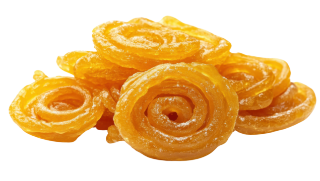 Delicious Jalebi, a spiral shaped Indian sweet dessert with sugar powder on a transparent background, perfect for Diwali festival celebrations