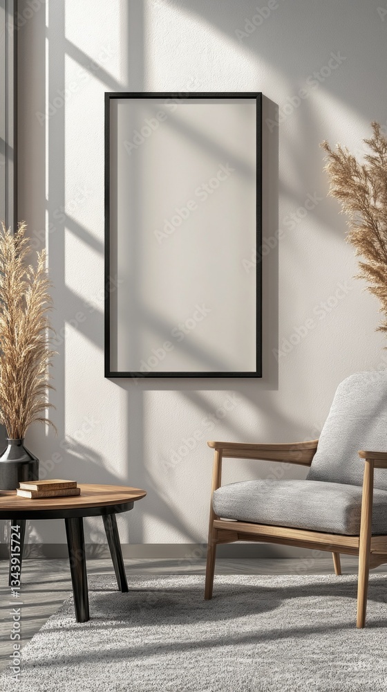 Poster Sunlight streams through a large window, illuminating a cozy corner with a plush chair and stylish table. Dried plants add a touch of nature, creating a tranquil space for relaxation