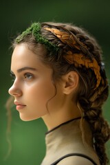 Naklejka premium Enchanting Forest Maiden: A captivating portrait of a young woman with braided hair adorned with natural elements, set against a soft, green background