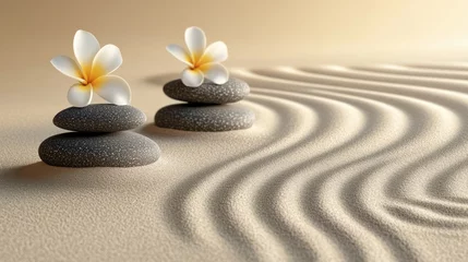 Photo sur Plexiglas Zen Garden Still Life with Stones, Frangipani Flowers and Raked Sand Patterns