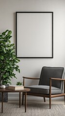 A contemporary living area showcases a sleek gray armchair beside a round wooden table, with a large indoor plant enhancing the space. Natural light filters through, promoting calmness