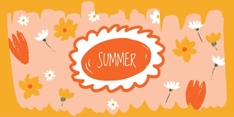 Floral summer banner for branding, advertising, social media, and invitations. Hand-drawn typography with abstract daisies, tulips, and yellow wildflowers in a warm retro color palette.