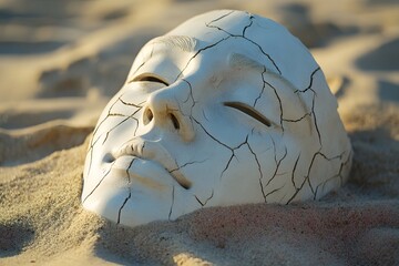 Obraz premium A cracked porcelain mask half buried in the sand with soft sunlight illuminating its edges symbolizing the emotional
