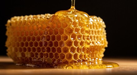 Pouring Golden Honey Onto Honeycomb on Wooden Board with Dark Background