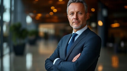 Fototapeta premium Gray haired businessman in a suit with arms crossed