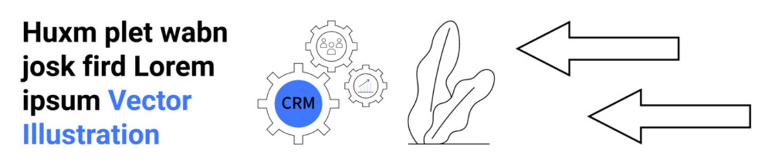 Gear mechanism with CRM text, abstract plant, and arrows for workflow. Ideal for business process, automation, strategy, system design, growth, innovation simple landing page