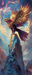 Fototapeta premium Majestic bird atop a towering mountain peak.