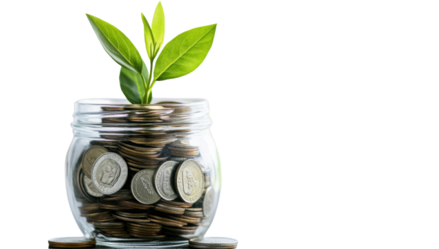 Coins in glass jar with growing plant on transparent background Concept of investment, financial growth, savings, and sustainable business - Powered by Adobe