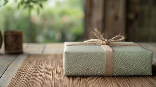 Elegantly wrapped gift box with geometric pattern and twine bow on wooden table. Neutral tones with soft focus plant and candle in background. Sustainable gifting, eco-friendly, minimalist celebration
