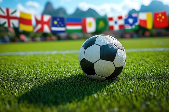 Soccer Ball on Grass Field with Flags of 32 Countries Competing in Qatar Football Championship