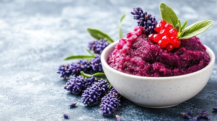   A bowl of purple liquid topped with a green leaf and surrounded by purple blooms