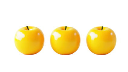 Three vibrant yellow apples in a row on a transparent background, showcasing fresh golden delicious fruit for healthy eating and nutrition
