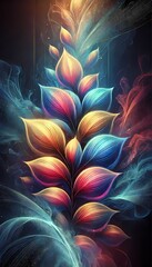 A dreamy abstract background and wallpaper featuring luminous, layered leaves against a deep, misty backdrop