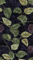   A close-up of a leaf pattern on a black background with green and purple leaves on the right side