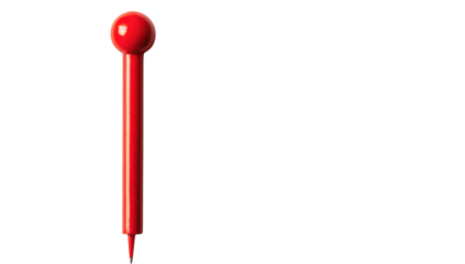 Red push pin on a transparent background, closeup studio shot of a vibrant, glossy pushpin for maps, bulletin boards, and location marking