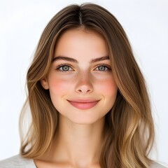 Fototapeta premium A young woman with long light brown hair and freckles smiles gently at the camera against a white background.