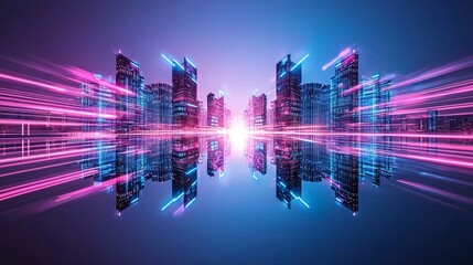 Obraz premium futuristic cityscape with reflective skyscrapers, neon-lit reflections, cutting-edge business buildings, cyberpunk-inspired architecture, towering glass structures, innovative urban development,