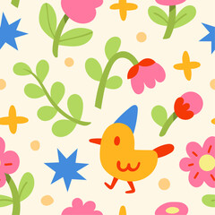 Cute vector seamless pattern with birds and floral elements. Cartoon beautiful background.