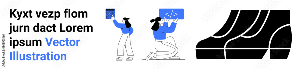 Wall mural two people holding development boards, engaging in coding. abstract graph and workflow accents. idea