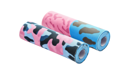 Two rolls of colorful camouflage kinesiology tape for sports injury recovery and muscle support on a transparent background