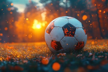 Soccer Ball on Grassy Field at Twilight with Bokeh Lights, Hyper-Realistic Painting of Football at Night in Stadium