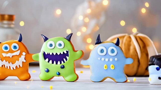 Colorful halloween monster cookies with icing and festive lights in background