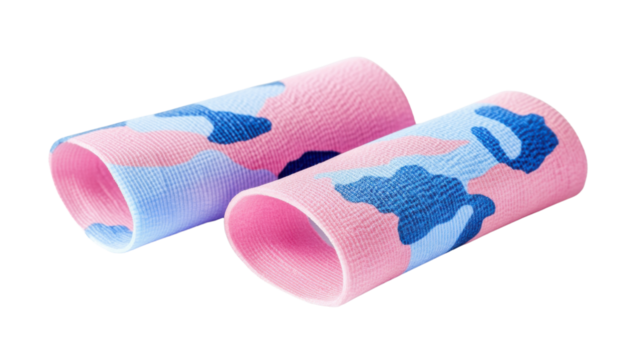 Pair of pink and blue camouflage patterned elastic wrist wraps for weightlifting and fitness support on a transparent background
